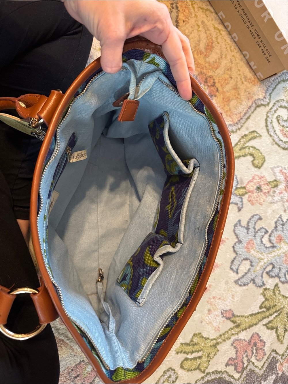 Spartina 449 Navy Floral Canvas Tote with Brown Trim and Teal Accents - Picture 2 of 7